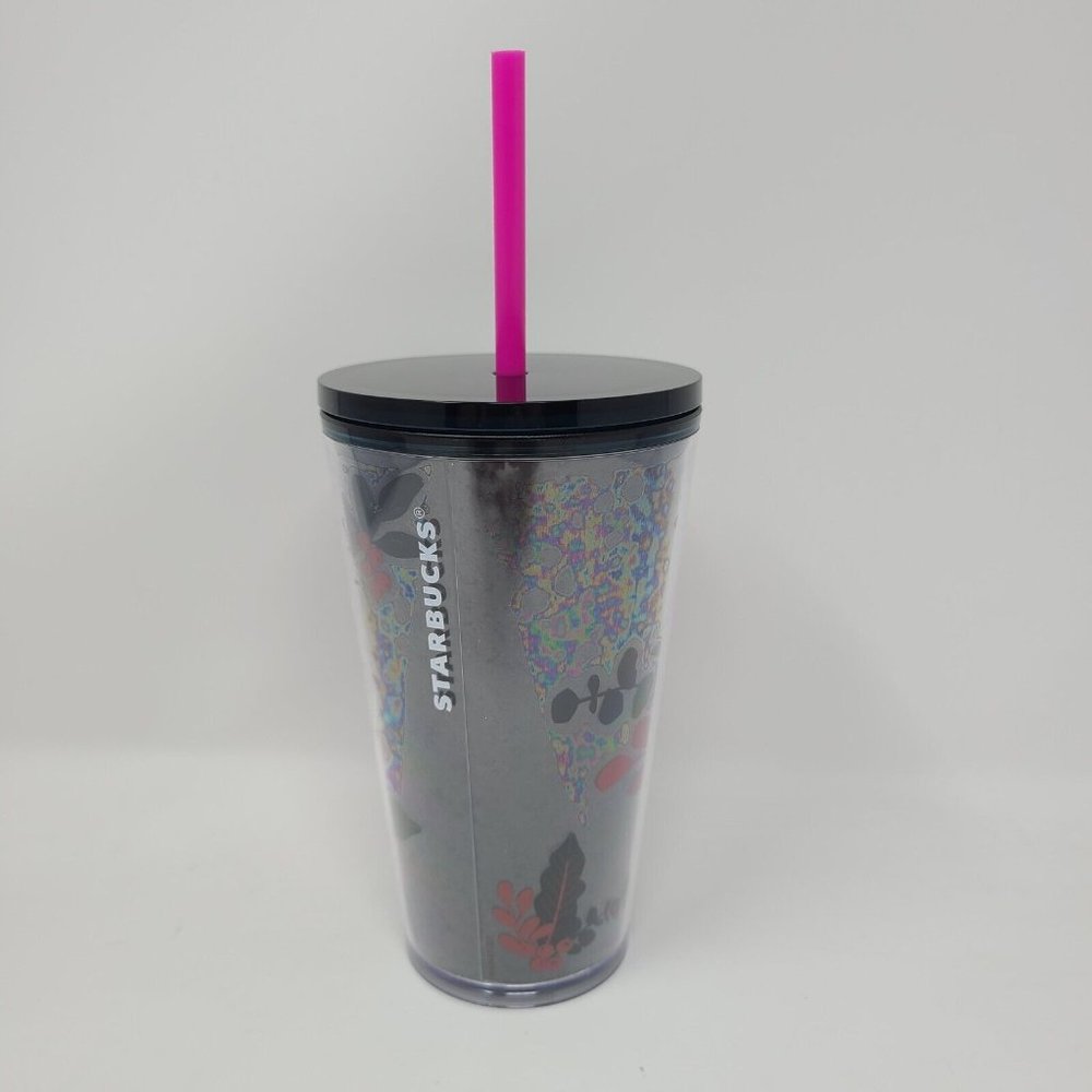Starbucks 2021 Black Glitter Pink Poinsettia Tumbler 16oz Grande Holiday